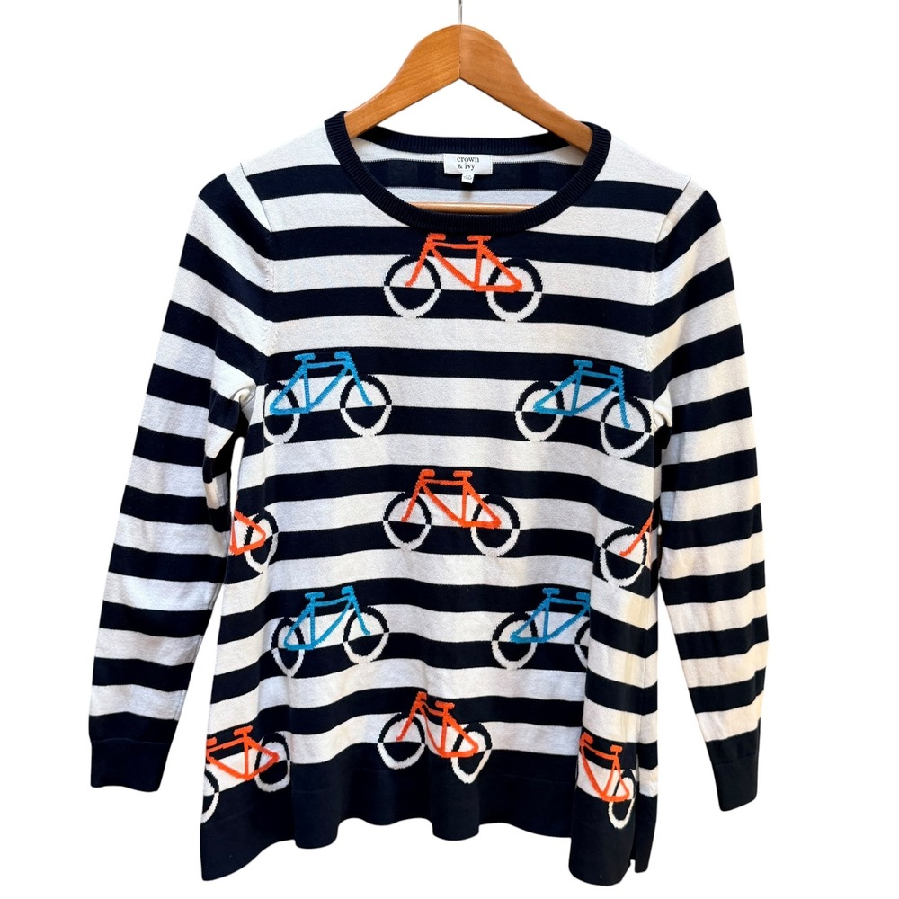 Crown & Ivy Sweater Womens XS Navy White Bicycle Striped Preppy Cotton Knit